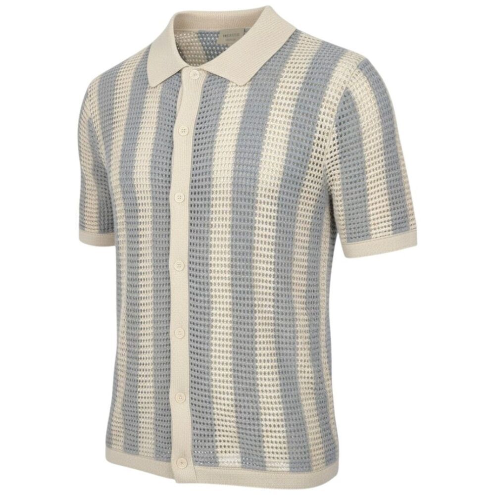 NWT Massive Luxury Knit Crochet Striped Button Down Shirt Gray/Cream Large